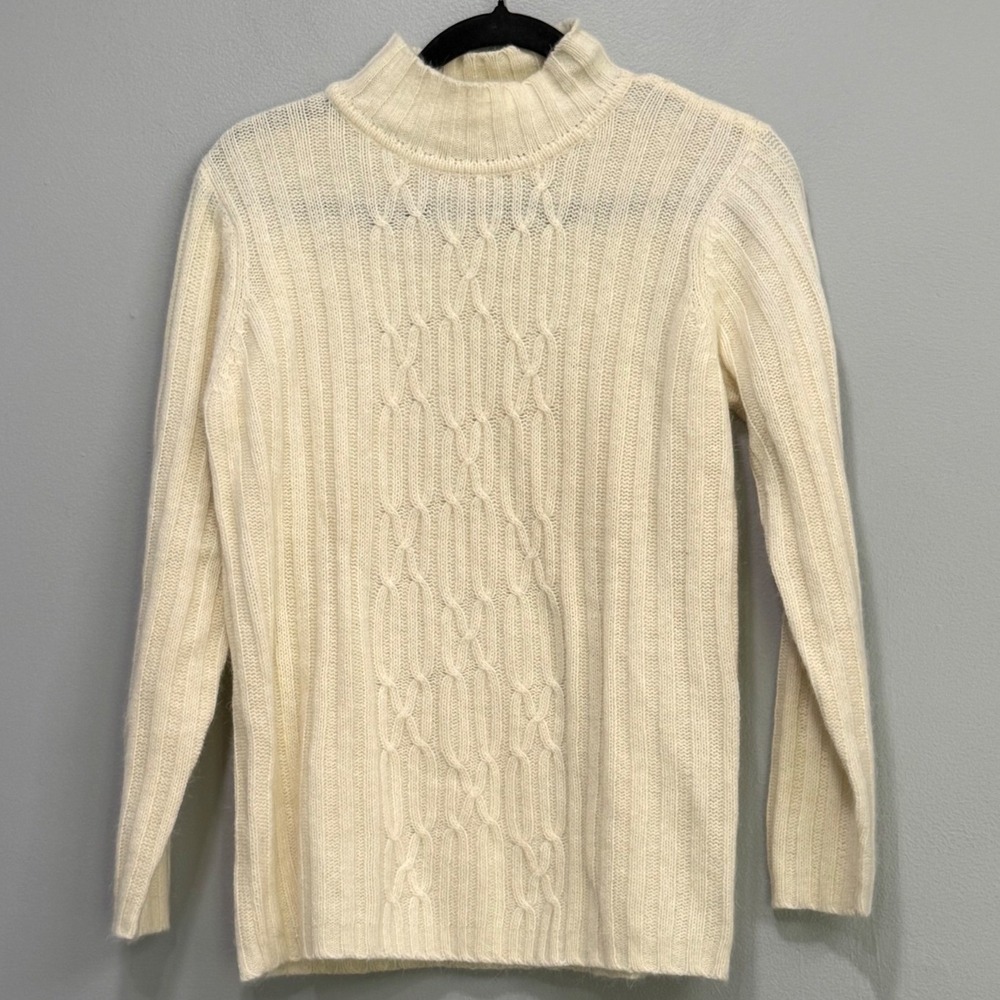 Petite Sophisticate Ivory Lambswool Angora Mock Neck Cable Knit Sweater P